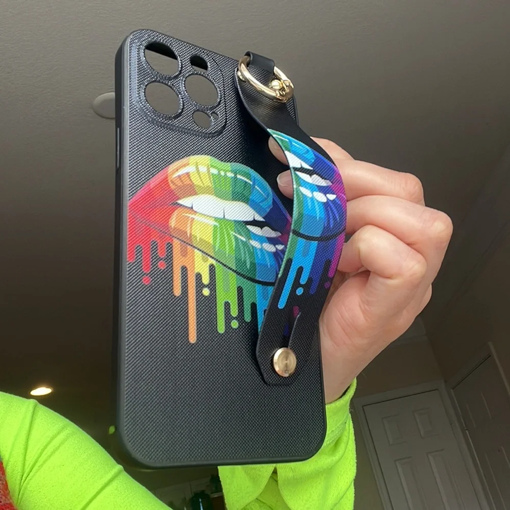 For iPhone 13 pro max phone case with wrist strap kickstand keychain lgbt pride